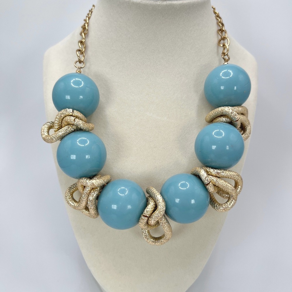 Lucia Statement Necklace Blue Gold Chunky Oversized Bead Knot Textured - Picture 2 of 9